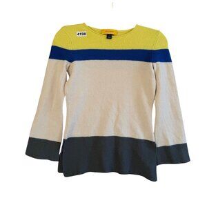 St. John Women's Tunic Sweater Sz P Wool Yellow Ivory Cobalt Gray Colorblock